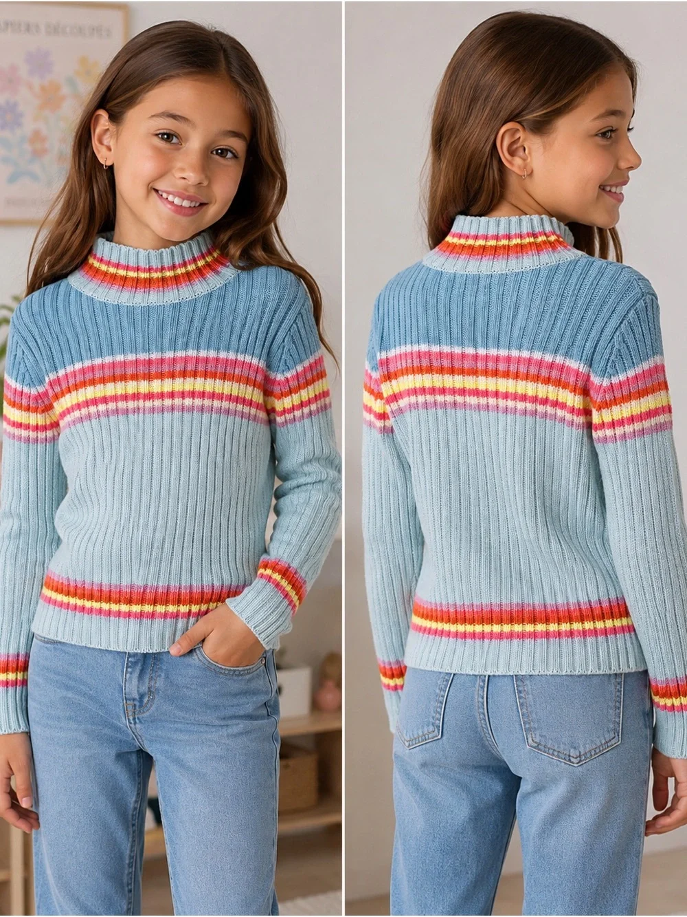 GAP Girls XS Rainbow Stripe Knit Sweater Pastel Blue Retro
